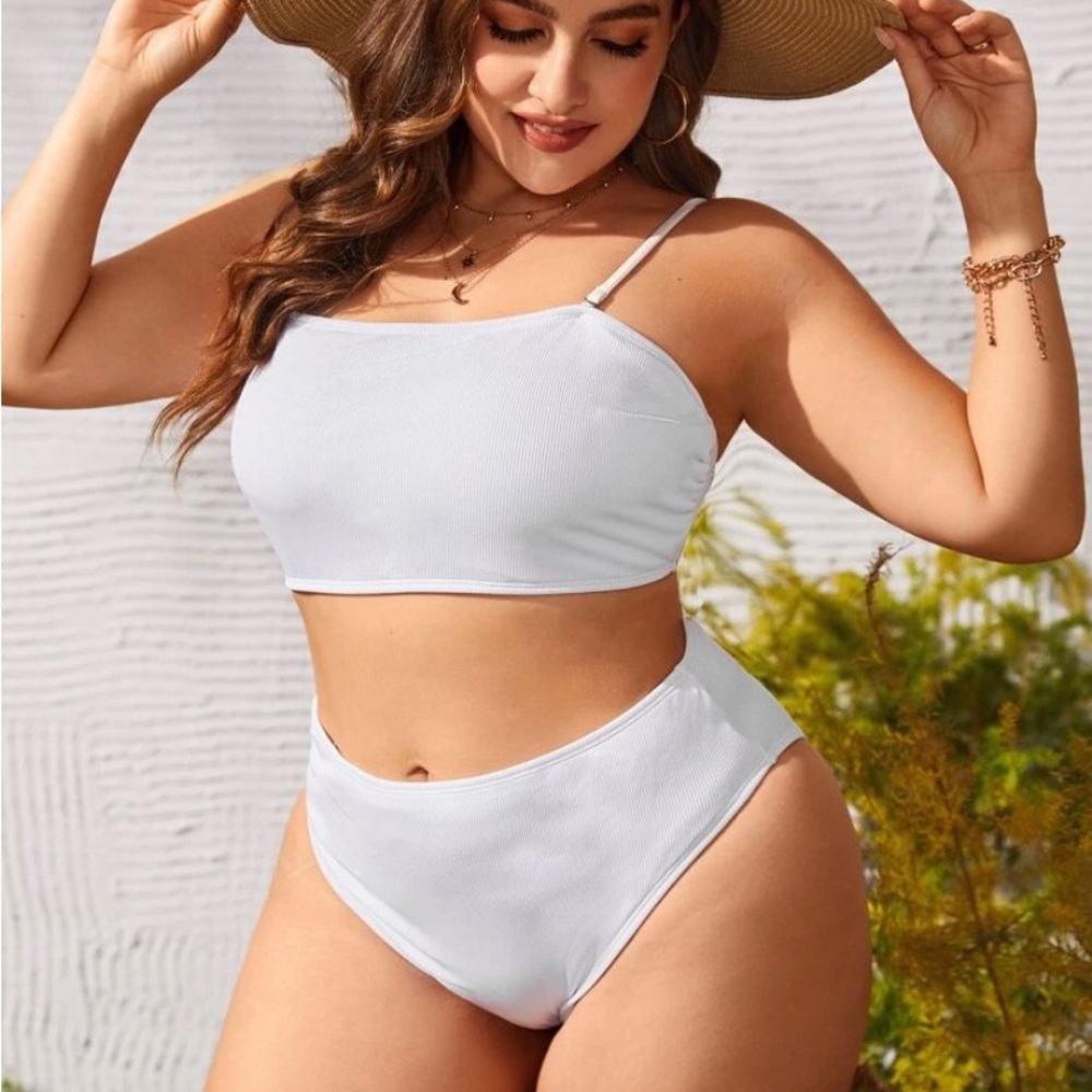 New- White Plus Lace Up Back Bikini Swimsuit